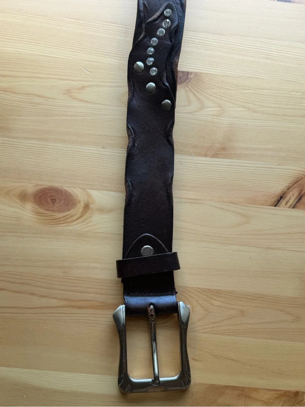 Classic Brown Leather Belt with Silver Buckle and Diamonte appliqué detail